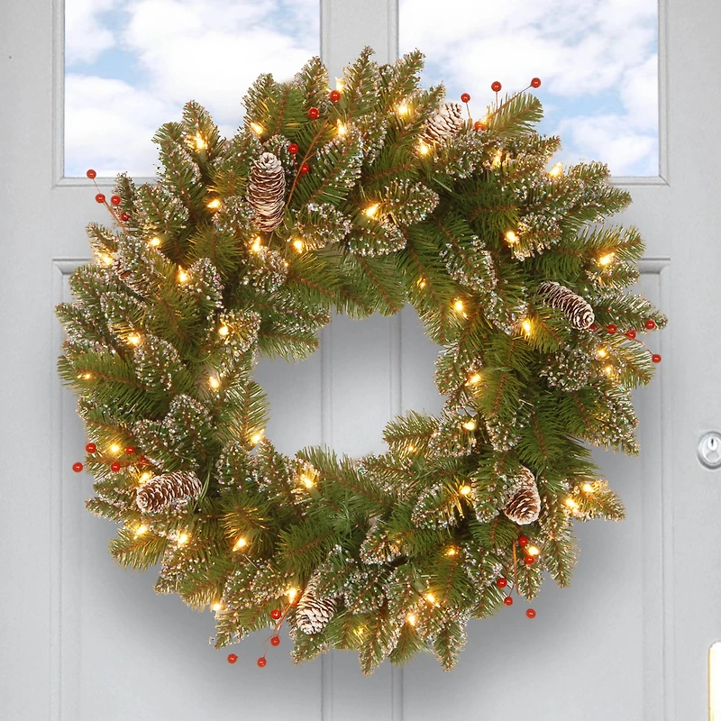 24" Glittery White Edged Cones & Red Berries Mountain Spruce Wreath With Warm White LED Lights