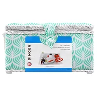 SINGER® Large Blue Boho Fan Print Sewing Basket with Sewing Scissors & Notions