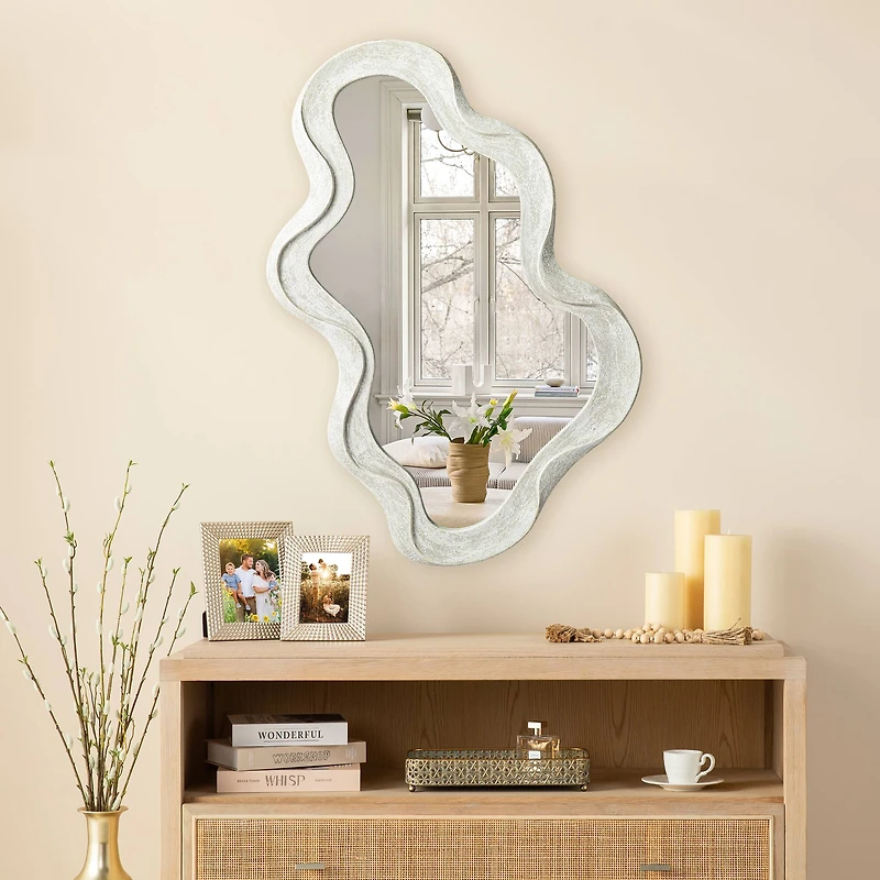 Glitzhome® 31.75" Washed White Wood Frame Wavy Wall Mirror