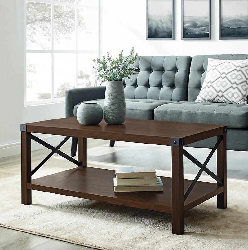 Dark Walnut Metal X Rustic Wood Coffee Table