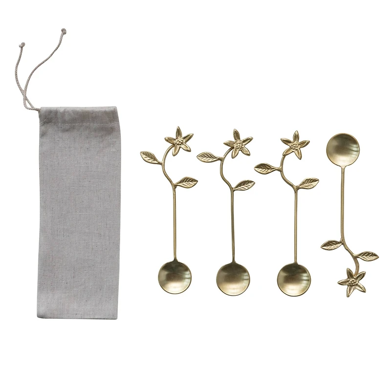Hello Honey® 5.5" Stainless Steel & Brass Spoons with Flower Handles & Drawstring Bag