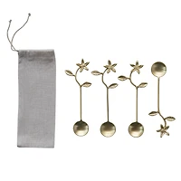 Hello Honey® 5.5" Stainless Steel & Brass Spoons with Flower Handles & Drawstring Bag