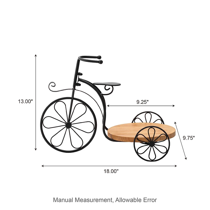 Glitzhome® 18" Black Metal Tricycle Planter Stand with Solid Wood Tray