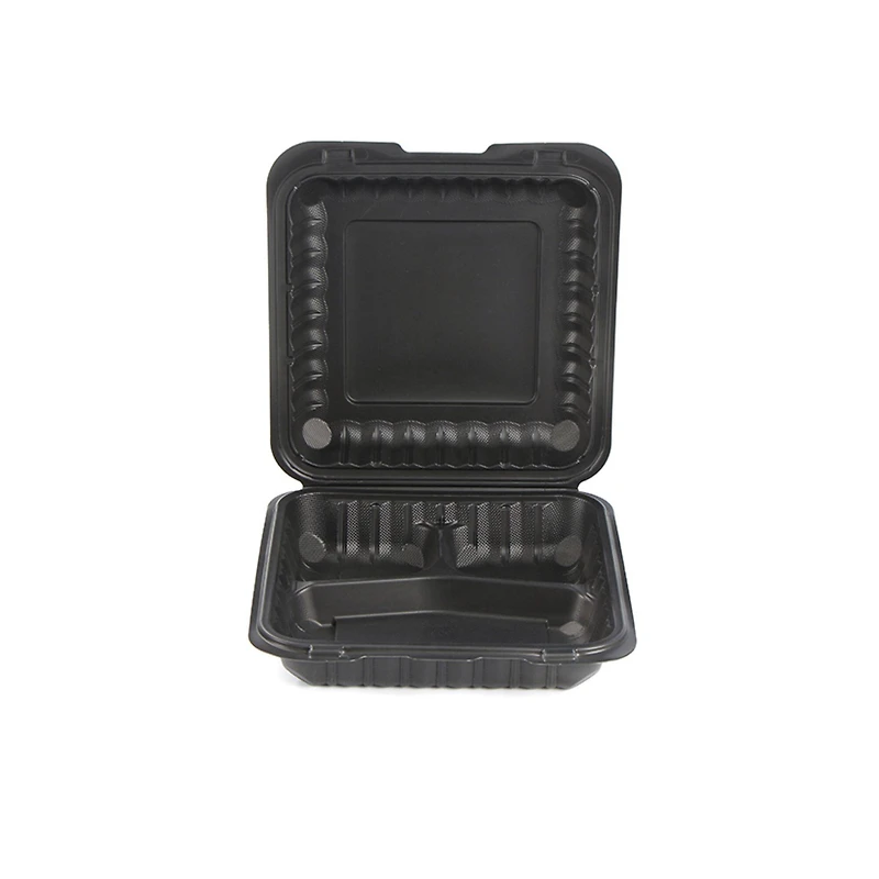 9" Black 3-Compartment Clamshell Take Out Containers, 150ct.