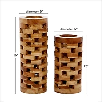 Brown Teak Wood Contemporary Style Vase, 16" x 6" x 6"