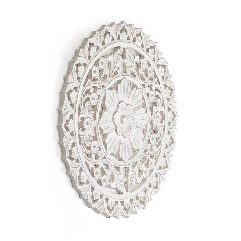 Habitat Etta 24" White Carved Floral Round Wall Art