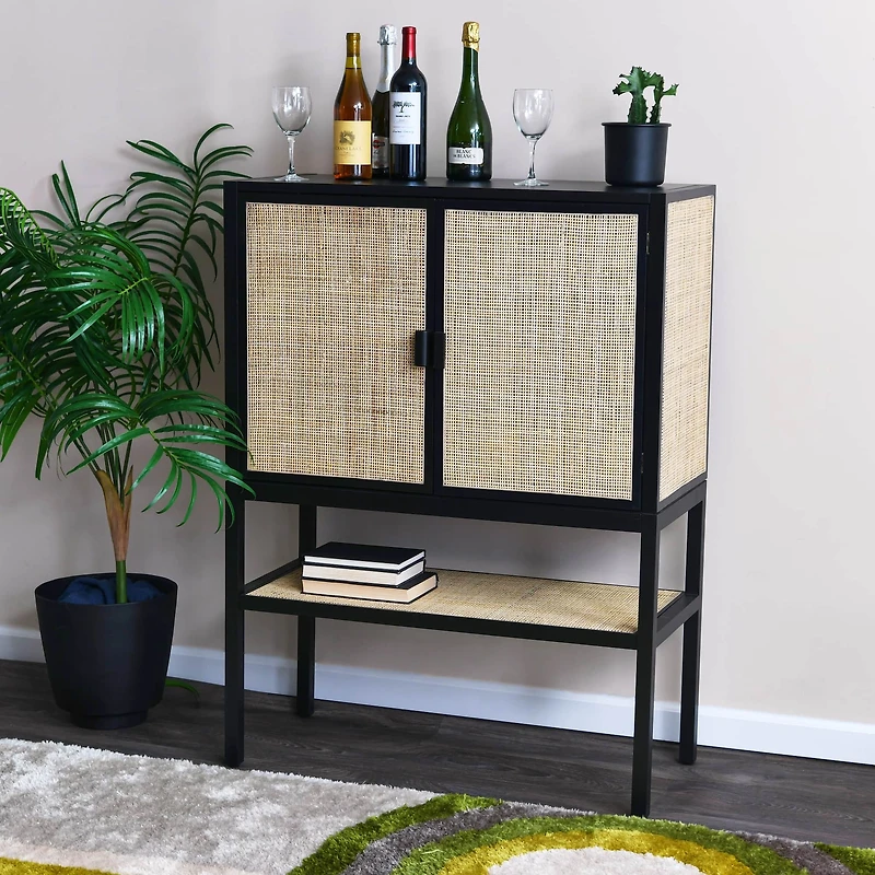 Hello Honey® 47" Boho Woven Rattan and Wood Cabinet with Doors, Shelf