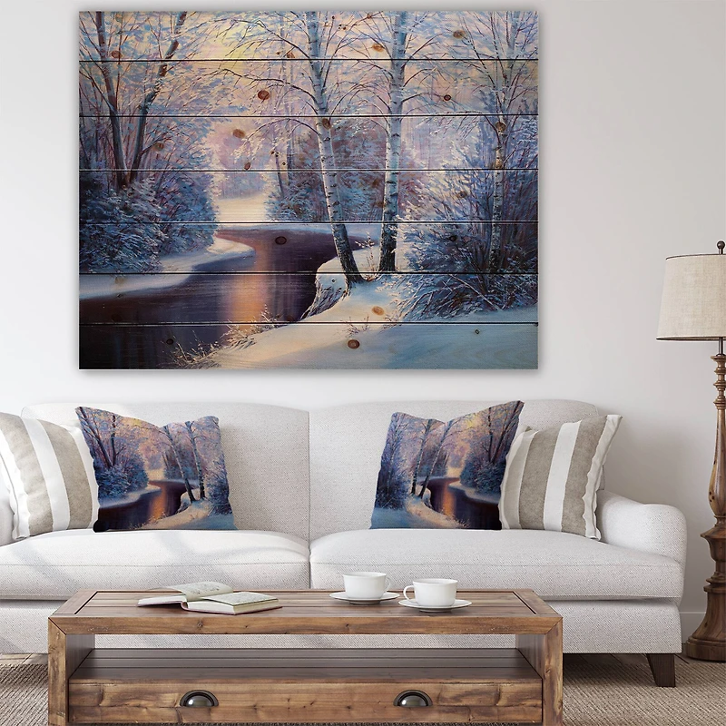 Designart - Winter Forest in River Sunset
