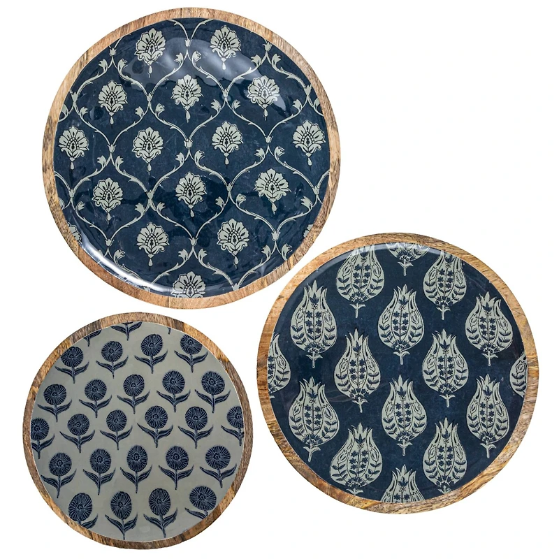 Hello Honey® Blue Floral Enameled Round Mango Wood Tray Set