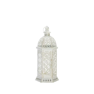 15.5" White Cutwork Hexagon Lantern