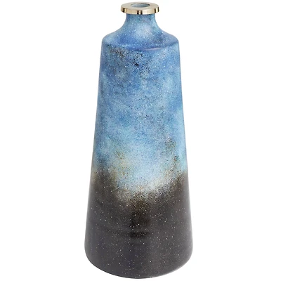 20" Blue Glass Galaxy Inspired Abstract Vase with Gold Top