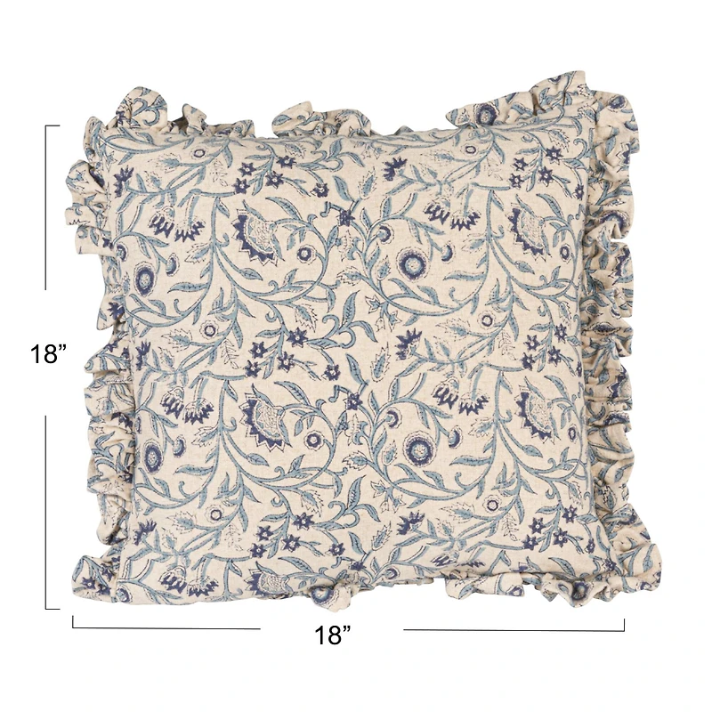 Hello Honey® 18" Blue & White Floral Accent Pillow with Ruffled Edges