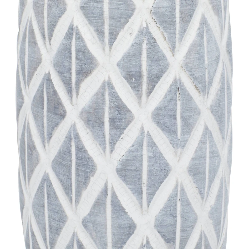Coastal Gray And White Ceramic Jar Vase With Criss Cross Pattern, 16" x 6" x 6"