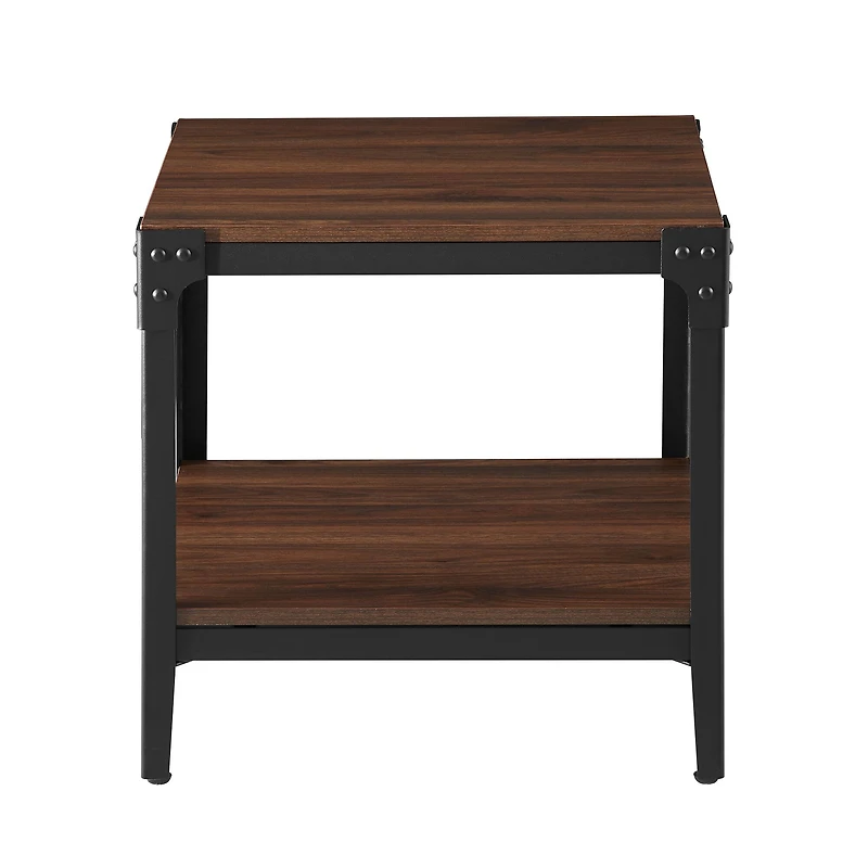 Walker Edison Dark Walnut Angle Iron Rustic Wood Side Table Set