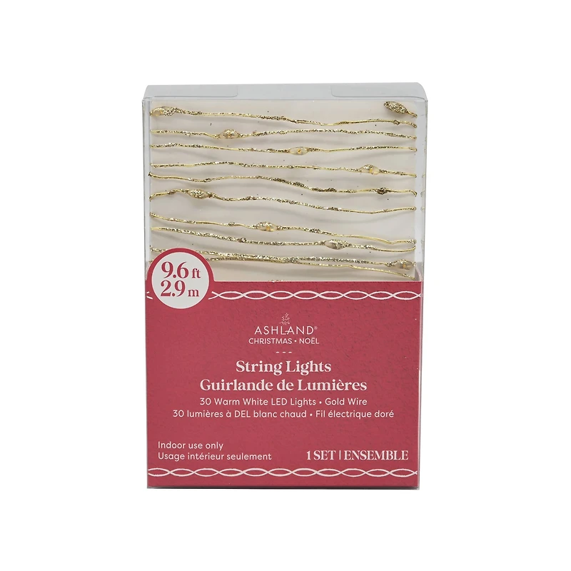 30ct. Warm White LED Bead String Lights on Gold Glitter Wire by Ashland®