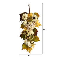 33" Sunflower, Hydrangea & White Pumpkin Autumn Teardrop Swag