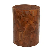 16.5" Round Block-Style Brown Teak Wood Mosaic Side Table
