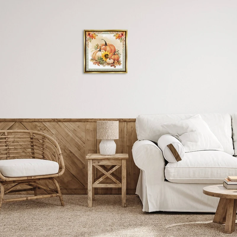 Stupell Industries Autumn Pumpkins Floral Border Floater Framed Art