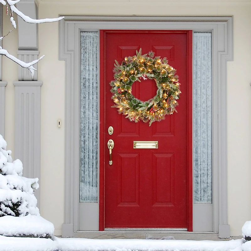 24" Pre-Lit Pine, Cones & Red Berries Wreath