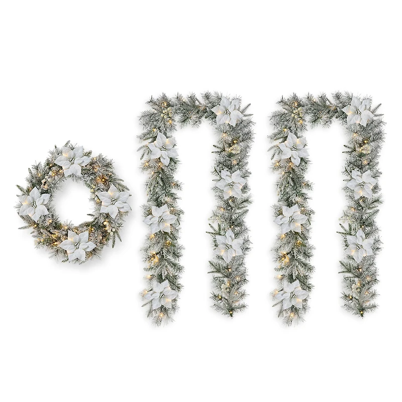 Glitzhome® 24" Pre-Lit Snow Flocked Greenery Pine Poinsettia Christmas Wreath & Matched 2 Pack 9ft. Garland Set
