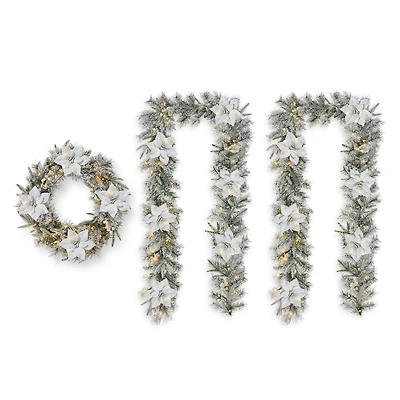 Glitzhome® 24" Pre-Lit Snow Flocked Greenery Pine Poinsettia Christmas Wreath & Matched 2 Pack 9ft. Garland Set