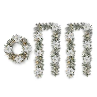 Glitzhome® 24" Pre-Lit Snow Flocked Greenery Pine Poinsettia Christmas Wreath & Matched 2 Pack 9ft. Garland Set