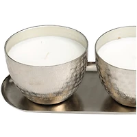 Campfire Scented Candles in Silver Grid Patterned Bowls Set