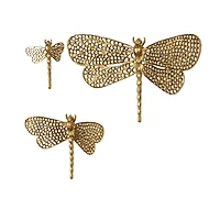 Gold Aluminum Dragonfly Wall Decor with Spotted Cutout Wings, Set of 3