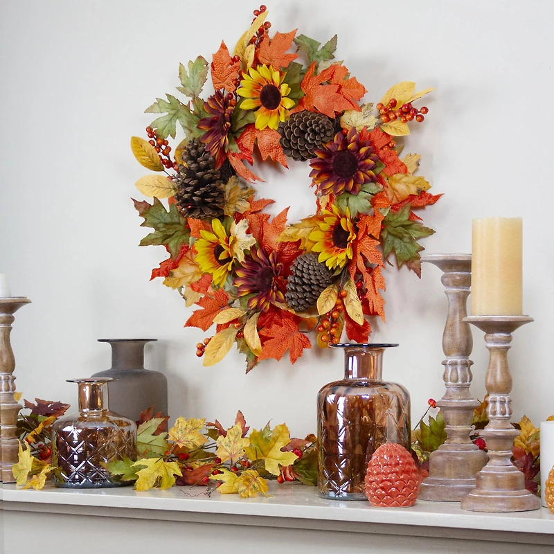 24" Sunflower & Pinecone Fall Wreath
