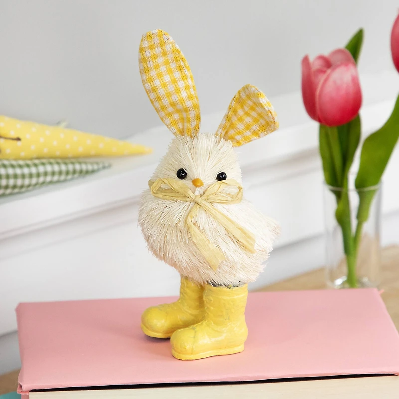 7" Yellow Easter Chick Accent with Plaid Rabbit Ears & Rainboots 