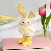 7" Yellow Easter Chick Accent with Plaid Rabbit Ears & Rainboots 
