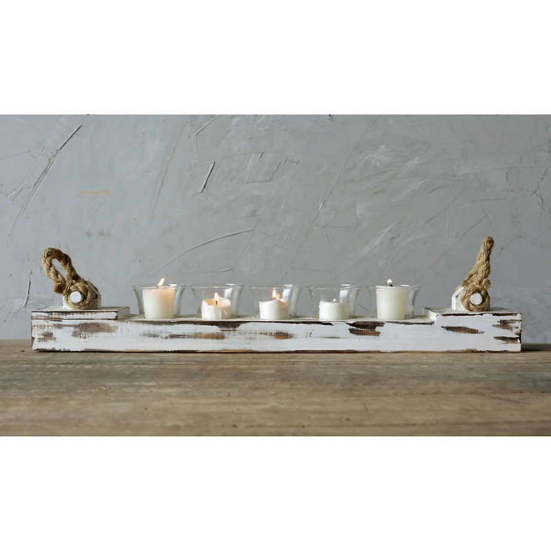 Hello Honey® Distressed White Wood Votive Holder With 5 Glass Inserts