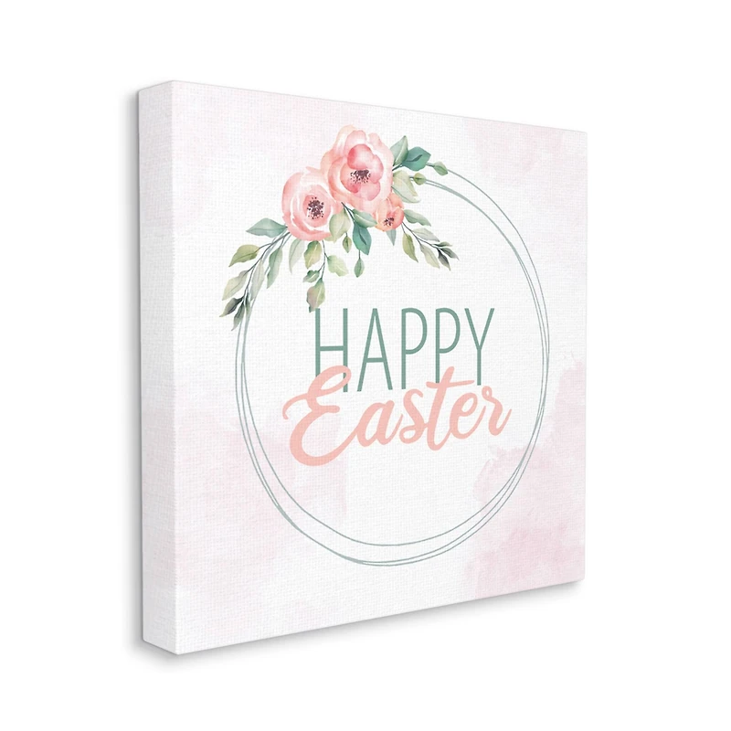 Stupell Industries Happy Easter Round Floral Border Pastel Pink Design Canvas Wall Art