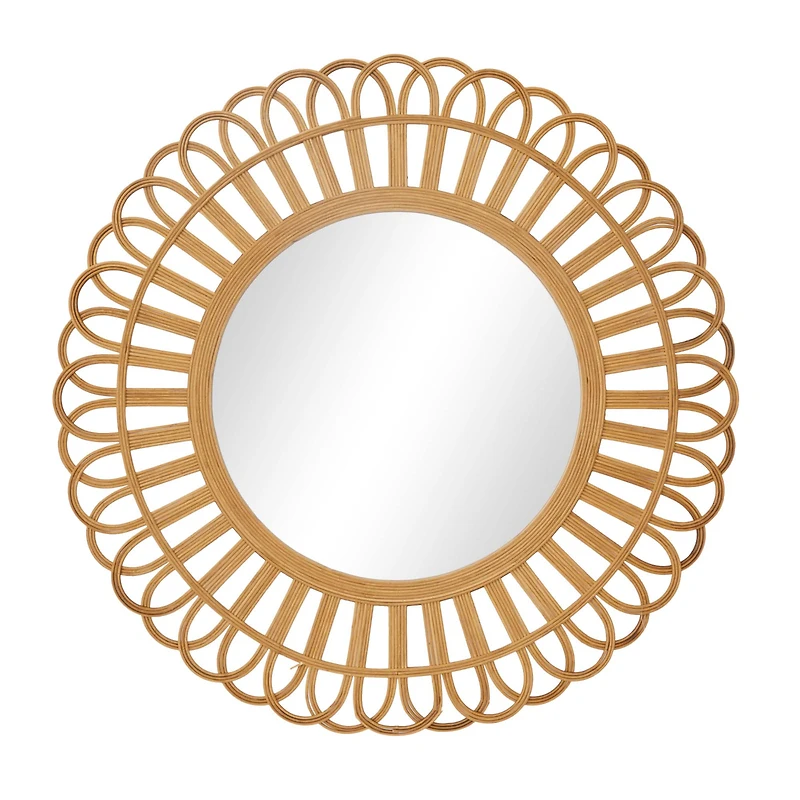 Brown Rattan Bohemian Wall Mirror, 35" x 35" x 1"
