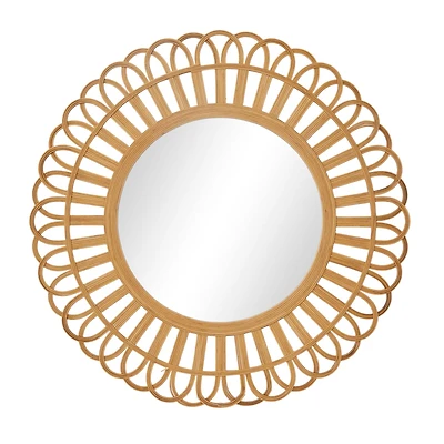 Brown Rattan Bohemian Wall Mirror, 35" x 35" x 1"