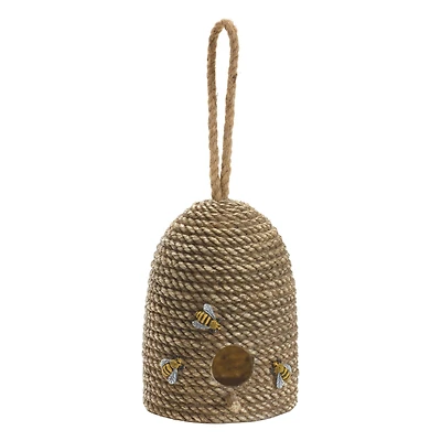 8.5" Hanging Bee Hive Bird House with Rope Accent