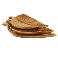 Brown Teak Wood Leaf Handmade Carved Texture Tray Set