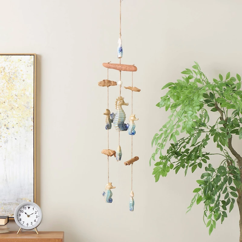 41" Blue Ombre Ceramic Starfish & Seahorse Windchime with Driftwood Accents