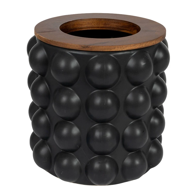 Hello Honey® 10" Round Matte Black Stoneware Waste Bins with Raised Dots & Removable Natural Acacia Wood Rim, 2ct.