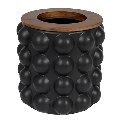 Hello Honey® 10" Round Matte Black Stoneware Waste Bins with Raised Dots & Removable Natural Acacia Wood Rim, 2ct.