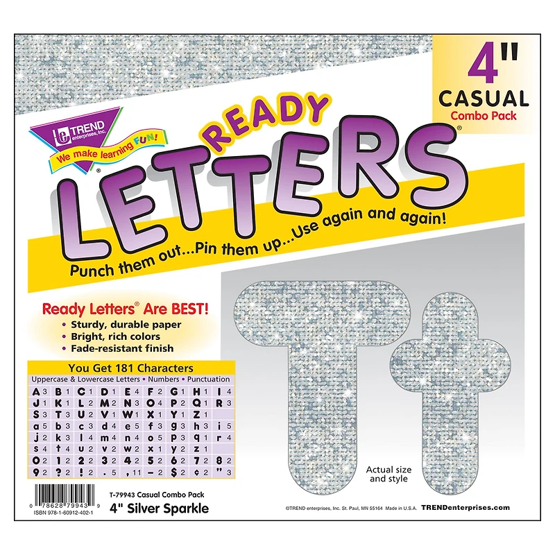 TREND Enterprises® Silver Sparkle 4" Casual Combo Ready Letters®, Pack of 3