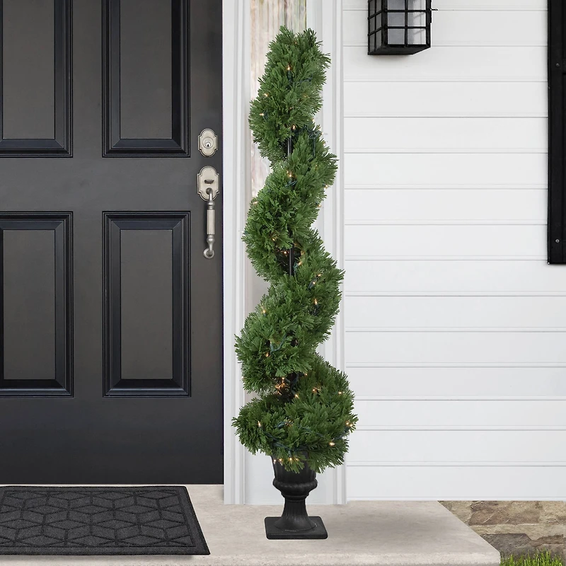 4.5ft. Pre-Lit Artificial Cedar Spiral Topiary Tree in Urn Style Pot, Clear Lights