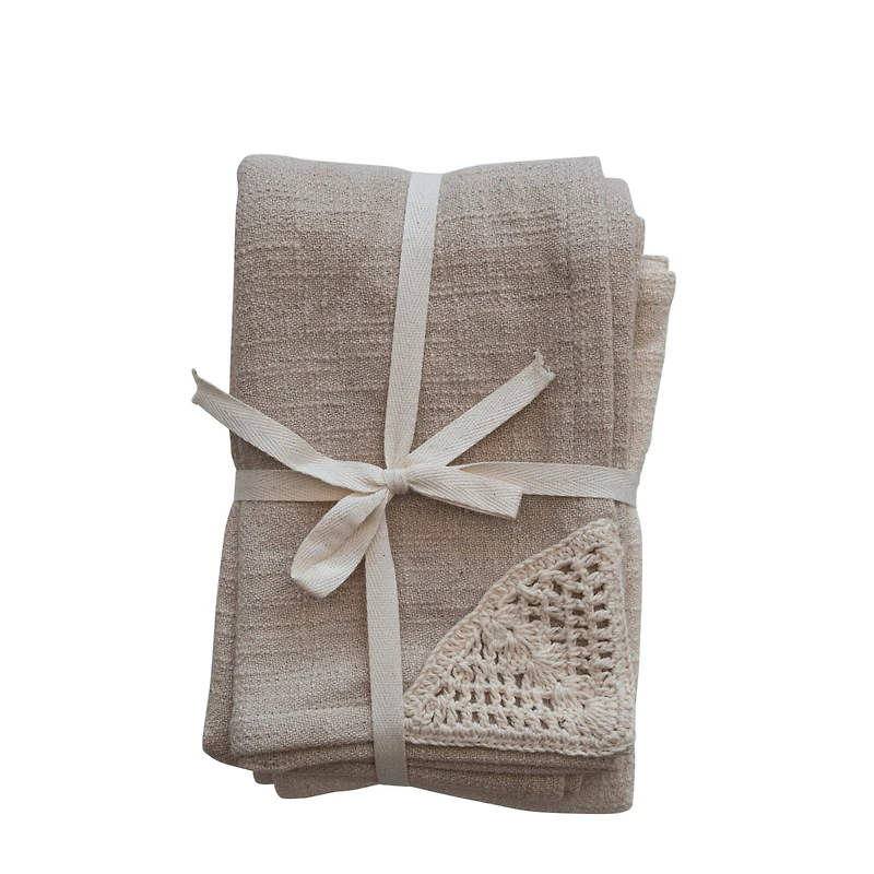 Hello Honey® Natural & Beige Cotton Tea Towels with Woven Macramé Corners, 2ct.