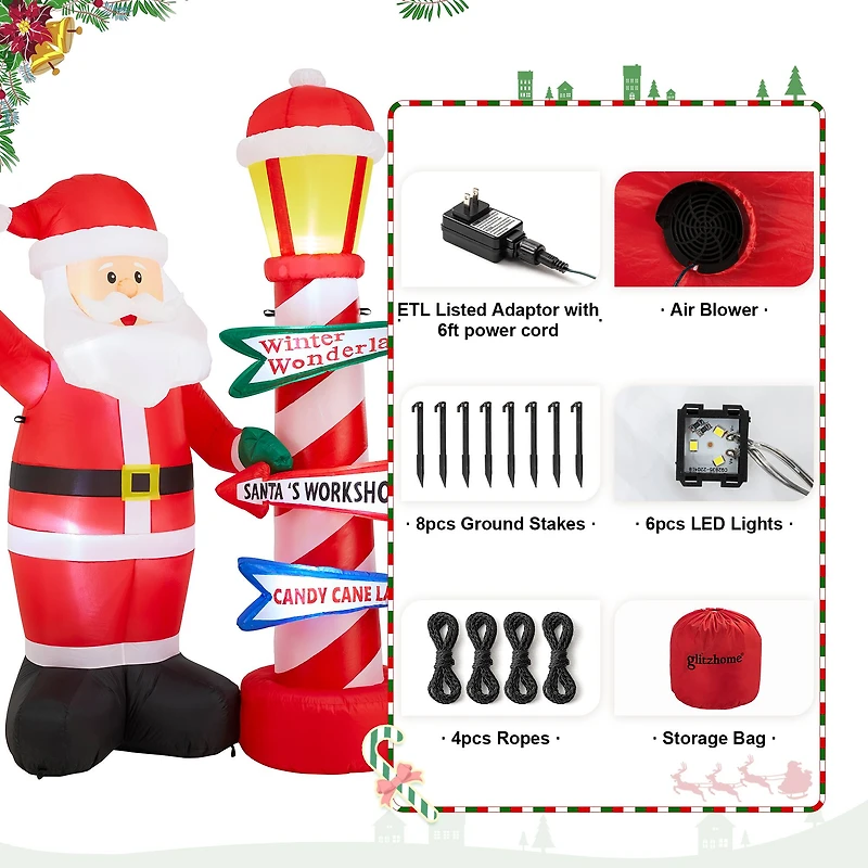 Glitzhome® 7FT Lighted Inflatable Santa with Lamp Post Sign Decor