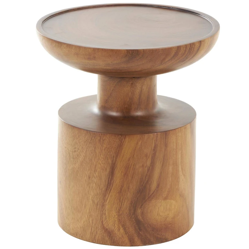 17.75" Brown Wood Handmade Accent Table with Cylinder Block Base