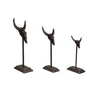Set of 3 Grey Metal Eclectic Bull Sculpture, 15", 12", 10"