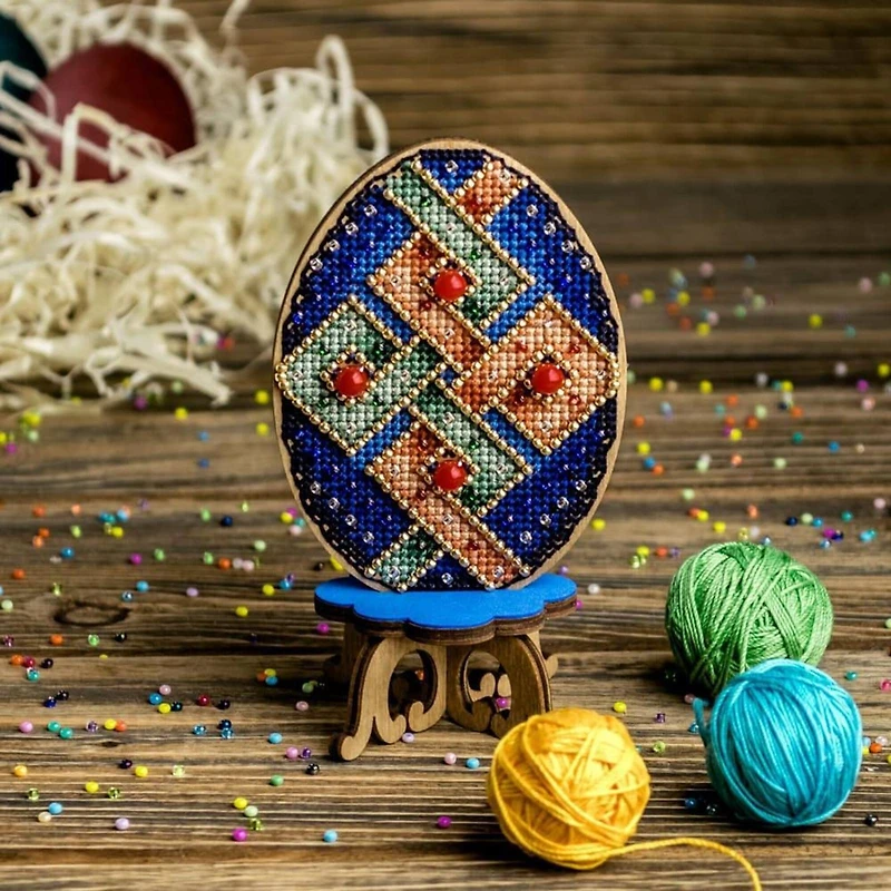 Wonderland Crafts Blue Plaid Easter Egg Cross Stitch on Wood Kit