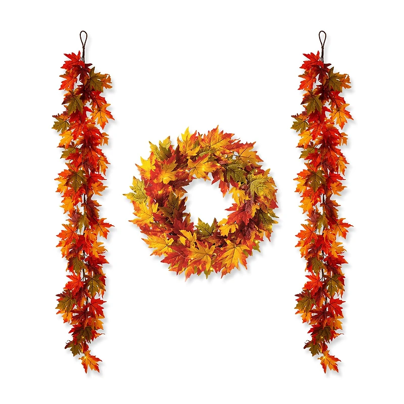 Glitzhome® Lighted Fall Maple Leaves Garland & Wreath Set