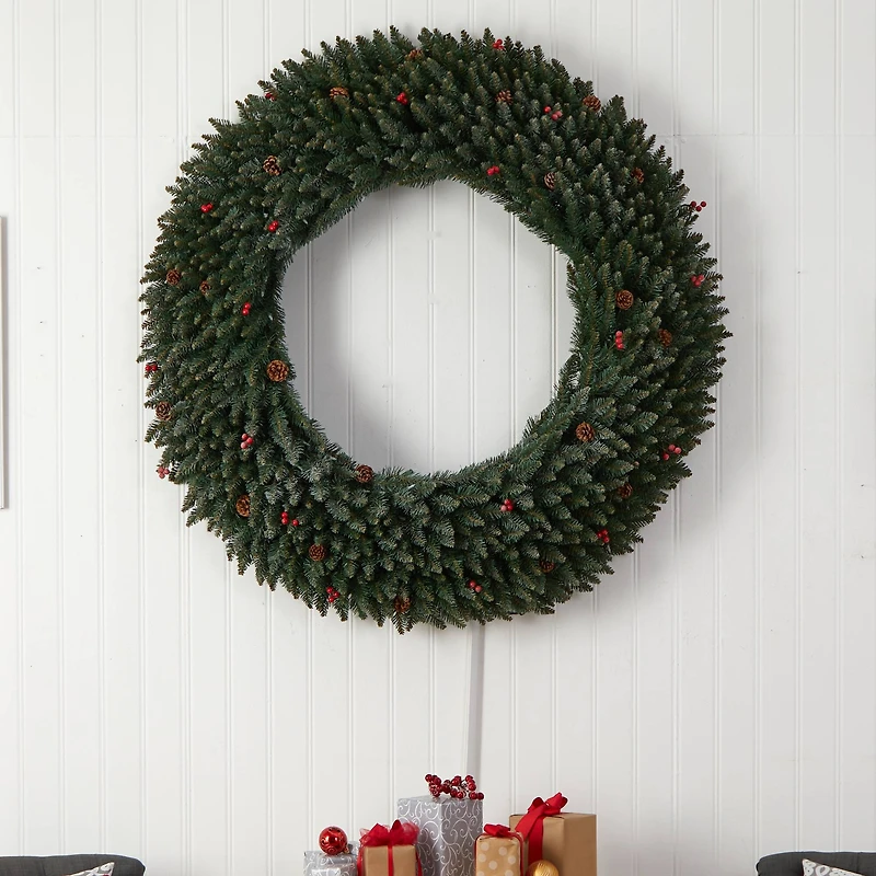 5ft. Clear LED Lights Flocked Artificial Christmas Wreath With Pinecones & Berries