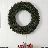 5ft. Clear LED Lights Flocked Artificial Christmas Wreath With Pinecones & Berries